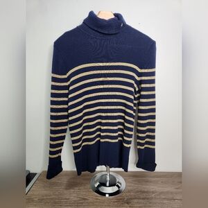 RALPH LAUREN Navy Blue & Gold Metallic Striped Ribbed Sweater